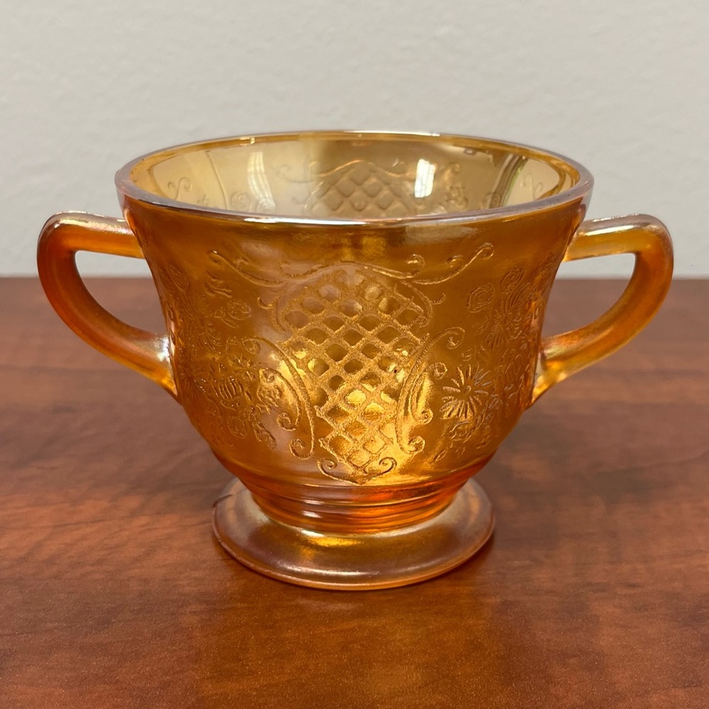 [SOLD] Vintage Federal Glass Normandie Iridescent Marigold Sugar Bowl